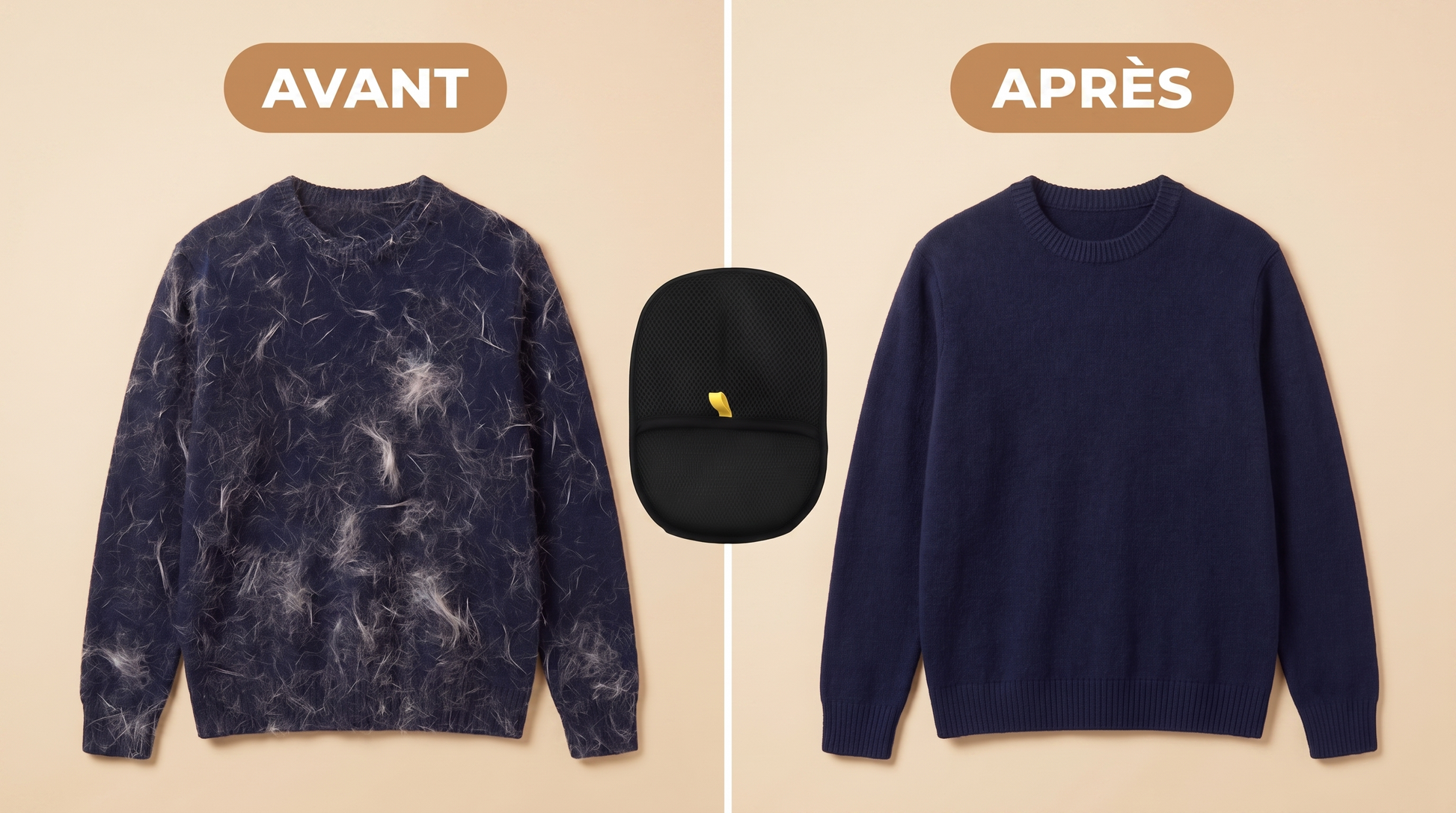 Avant / après : pull débarrassé des poils avec le Gant Animol™